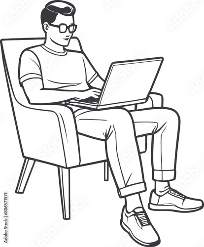 Vector illustration of a young man sitting in a chair and using a laptop on a white background