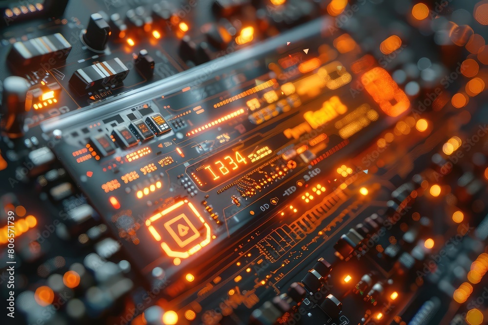 A close up circuit board with orange glowing lights. The board is black and grey and has many small components on it.