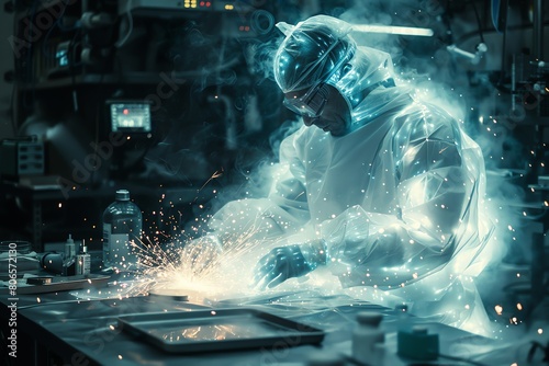 A welder wearing a futuristic hazmat suit works on a project in a dimly lit room. The sparks from the welding are reflected in his visor.