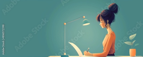 Young Woman Writing Under Desk Lamp, Serene Teal Office Space with Potted Plant