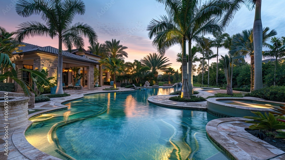 Fototapeta premium An expansive luxury pool home's backyard oasis, with tropical palm trees and a shimmering pool at dusk