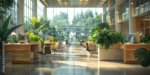  Interior of a modern office building, wide angle view of the lobby. Interior of the modern lobby, terminal or waiting room with glass walls and reflective floor, natural light and flare.   © Mohsin