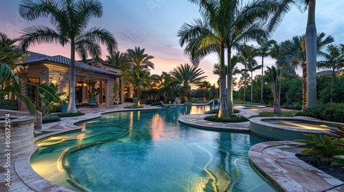 An expansive luxury pool home s backyard oasis  with tropical palm trees and a shimmering pool at dusk