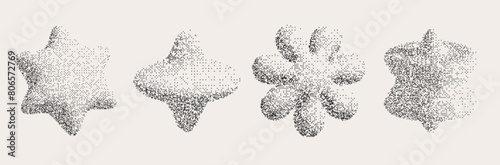 Retro futuristic 3d elements in pixel style. Shapes set with star, flower, whirligig. Vector illustration
