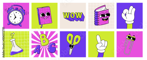 Set of school stickers supplies in groovy style. Retro cartoon characters with face in style of 60s 70s. Vector illustration.