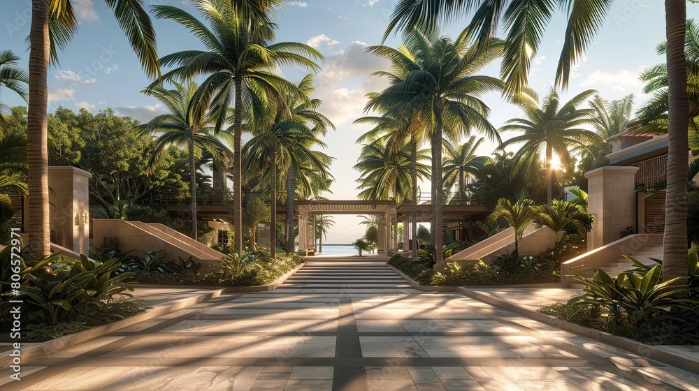 Fototapeta premium A beach villa's luxurious entrance with a palm tree-lined walkway leading to a grand double staircase
