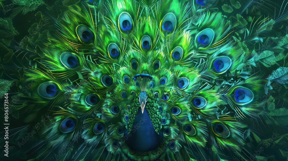 Obraz premium Enchanting Peacock Feathers. Vibrant Colors and Intricate Patterns in Digital Art Style.