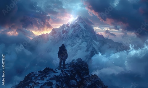 A lone mountaineer stands atop a treacherous peak as lightning strikes in the distance. © NeeArtwork