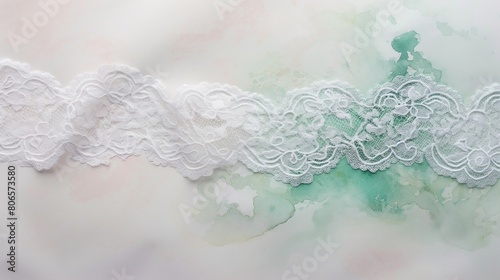 A piece of pristine, white lace, laid flat against a soft, pastel background, its symmetry interrupted by an elegant spill of emerald green watercolor, marrying the old with the new. 