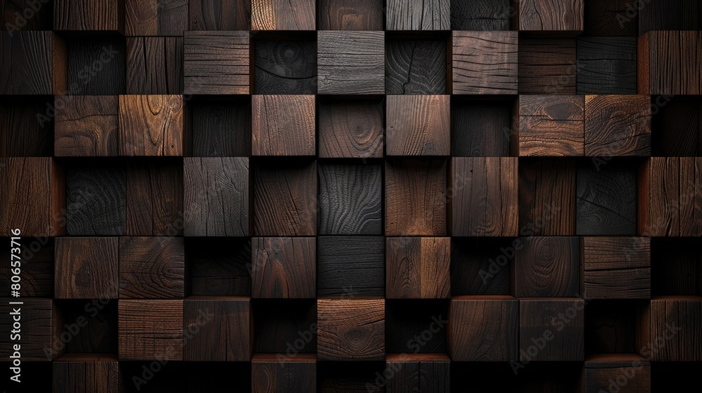 A wooden wall constructed using squares of varying sizes and shades, creating a unique pattern and texture