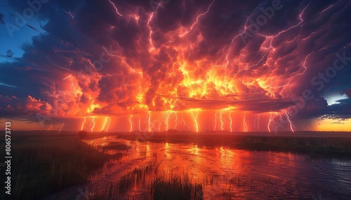 A raging storm sweeps across the landscape, casting a fiery glow upon the horizon