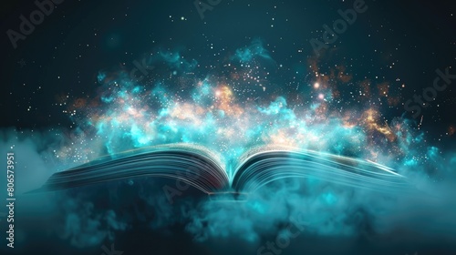 An open book glowing in the dark night, revealing its mystical content photo