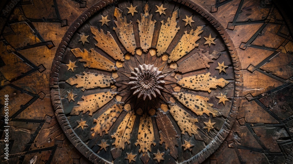 Fototapeta premium A close-up view of a clock featuring stars and intricate details on a patterned wood background