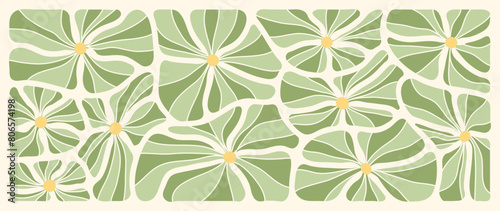 Green flower art background vector. Natural hand drawn pattern design with floral. Simple contemporary style illustrated Design for fabric, print, cover, banner, wallpaper.