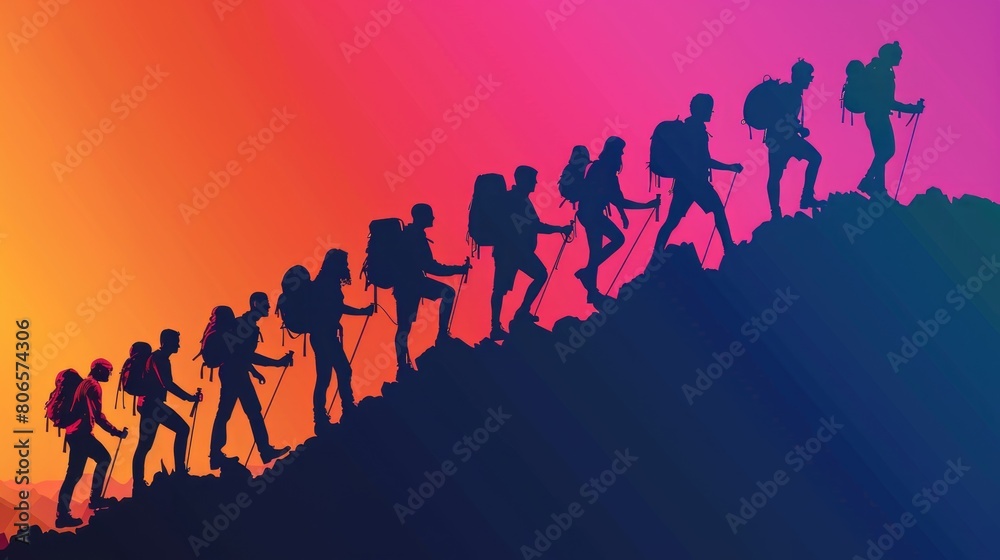 A group of individuals with backpacks are ascending a hill successfully A group of individuals with backpacks are ascending a hill successfully