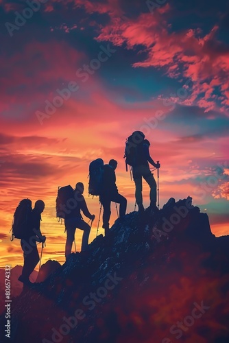 A group of individuals hiking up a mountain, silhouetted against the setting sun