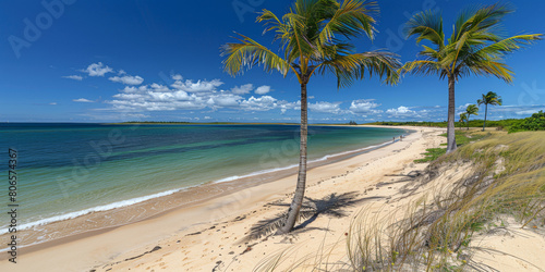 A beach with palm trees and a body of water