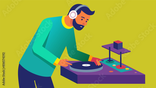 With a flick of the wrist the DJ changes the speed of the record creating a seamless transition to the next track. Vector illustration