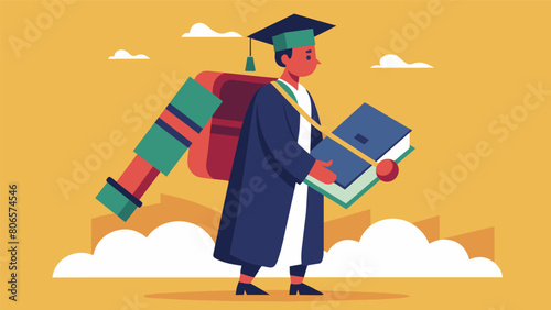 A student in a graduation gown holding a degree but also carrying a heavy backpack symbolizing the weight of loans and the longterm impact on their. Vector illustration