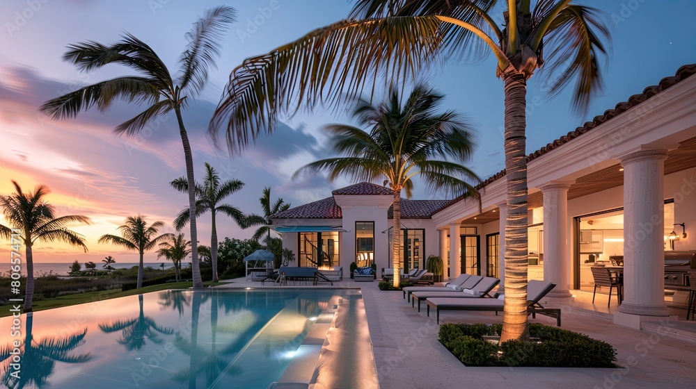 A luxury pool home's elegant outdoor area, with palm trees swaying gently in the evening breeze