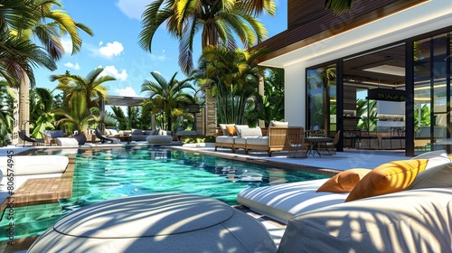 A luxury pool home's outdoor lounge area, with palm trees providing natural privacy screens