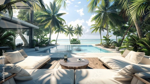 A luxury pool home's outdoor lounge area, with palm trees providing natural privacy screens © Salman