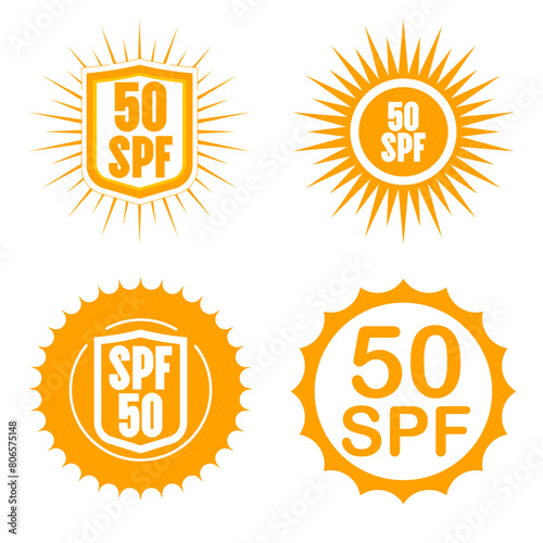 SPF  50 icon. UV protection. UVA UVB protection. SPF icon for sunscreen or skin cosmetics packaging. Vector Illustration.