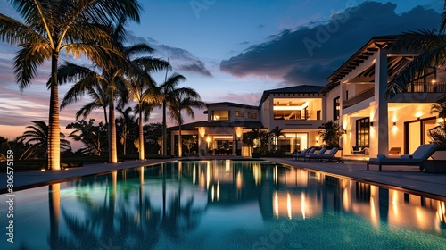 A luxury pool home facade illuminated by soft landscape lighting  with palm trees casting long shadows