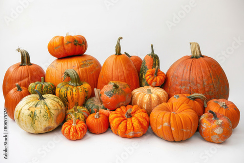 A display of autumn pumpkins with varying sizes and shades of orange