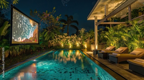 A luxury villa's pool area with a garden cinema screen, providing an immersive movie experience under the night sky