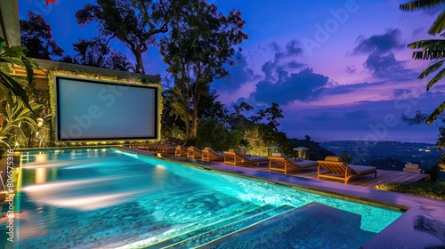 A luxury villa's pool area with a garden cinema screen, providing an immersive movie experience under the night sky photo