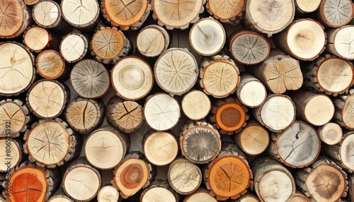 A collection of various wooden logs cut into pieces sitting next to each other