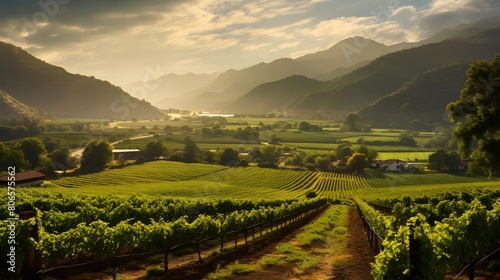 panoramic view of vineyard in the morning with mountain background