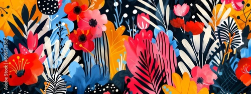 A playful illustration bursting with a variety of patterns, from floral and prints to stripes and polka dots, all woven together in a chaotic yet harmonious way.