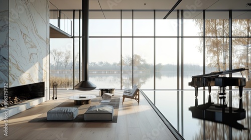 A minimalist living room with floor-to-ceiling windows overlooking a serene lake, featuring a floating marble fireplace and a grand piano photo