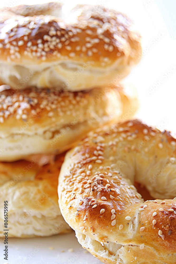 A stack of freshly baked bagels with a golden crust and soft interior