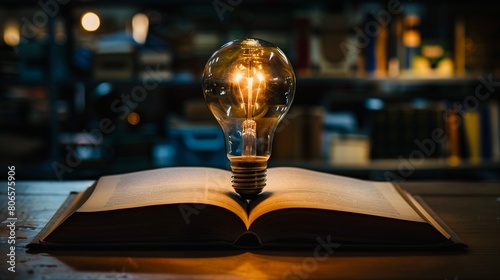Dynamic power of learning concept light bulb growing over book open on library vintage background 