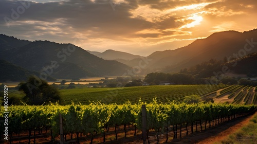 panorama of a vineyard in the mountains at sunset in summer