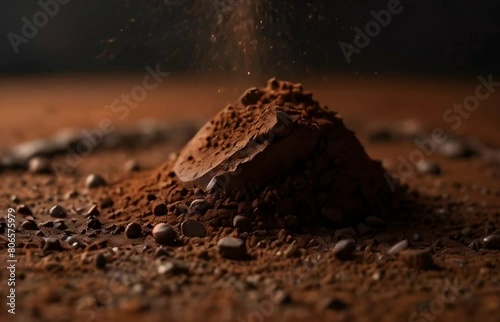 pulsating chocolate cocoa powder in slow motion macro, close up, coffee powder, soil