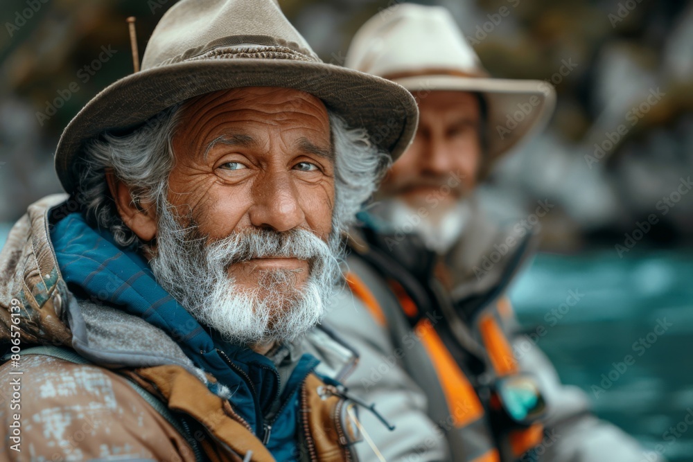 Close-up of two elderly men in a boat, wearing rugged outdoor gear and hats, with a serene expression. Close-up of two elderly men in a boat, wearing rugged outdoor gear and hats, with a serene expression.