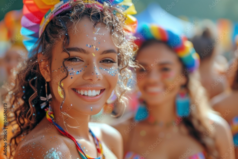 A young woman with a vibrant smile celebrates at a festival, adorned with colorful face gems and a rainbow headband. A young woman with a vibrant smile celebrates at a festival, adorned with colorful face gems and a rainbow headband.