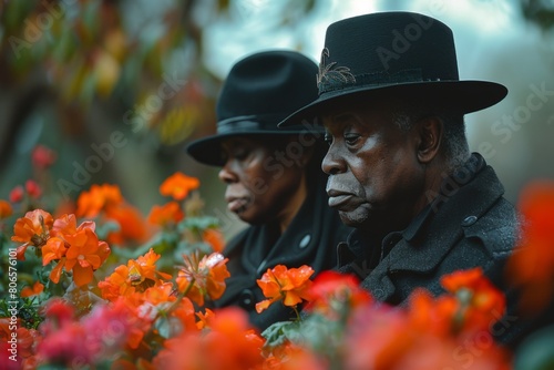 Two elderly African American men in stylish black outfits and hats, looking solemn among orange flowers. photo