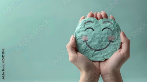 Hand holding green paper cut smile face on green background. positive thinking. mental health assessment . world mental health day concept