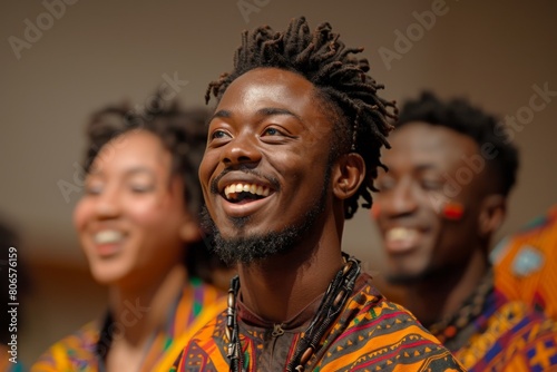 Group of young African men singing joyfully in traditional attire, with vibrant expressions and attire.
