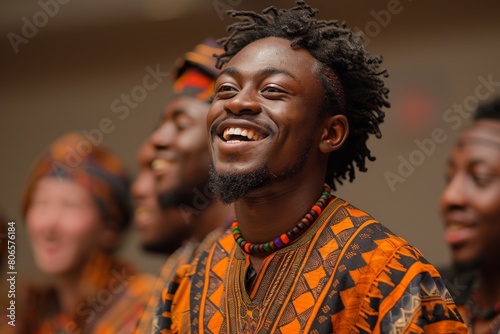 Group of young African men singing joyfully in traditional attire, with vibrant expressions and attire.