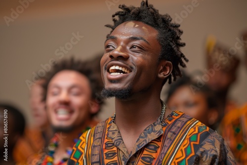 Group of young African men singing joyfully in traditional attire, with vibrant expressions and attire.