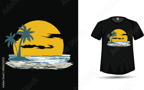 Summer tshirt design with sea sun and palm tree vector (ID: 806576352)