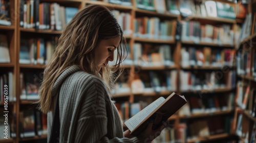 A woman reading a book in a quaint bookshop