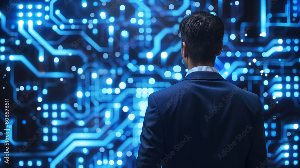 A man is standing in front of a computer monitor with a lot of orange and blue lights. Concept of technology and innovation, as well as the idea of a futuristic world A man is standing in front of a computer monitor with a lot of orange and blue lights. Concept of technology and innovation, as well as the idea of a futuristic world