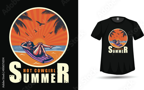 Summer t shirt design with hot girl on beach and enjoying sun vector (ID: 806576514)